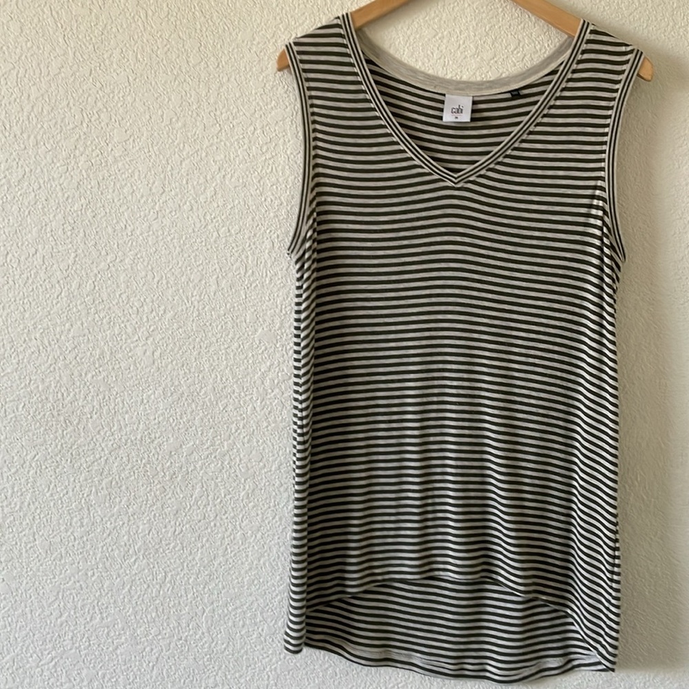 Cabi Olive Green/Oatmeal Stripe “Surf Tank” item 5561, size Medium, hi/lo hem
